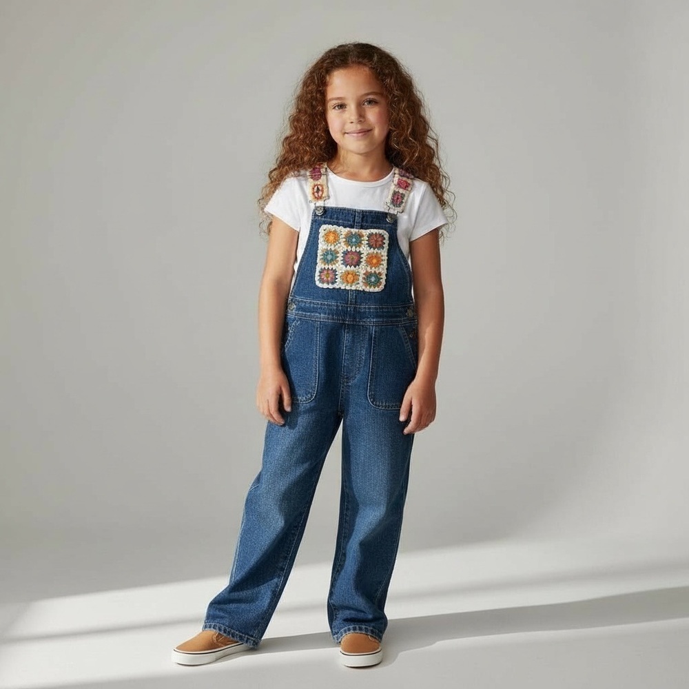 NEW Girls Tractr White Crochet Patch Multi Color Peace ☮️ Denim overalls Indigo